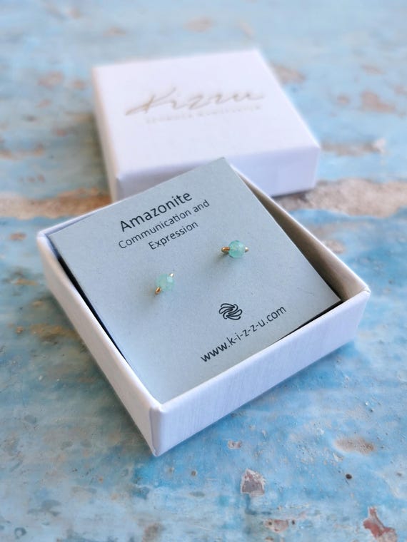 Amazonite Stud Earrings - Minimalist Jewelry, Handmade from Recycled Sterling Silver or (Rosé) Gold Filled Wire