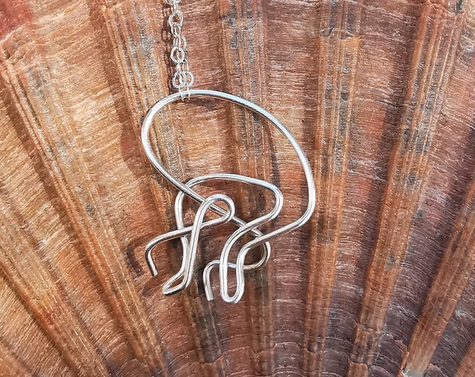 Jellyfish Necklace, necklace with jellyfish pendant in sterling silver, ocean-inspired jewelry, for ocean lovers, wire art jewelry.