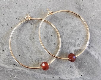 fine hoop earrings with red garnet gemstone, January birthstone, small gift for Valentine's Day