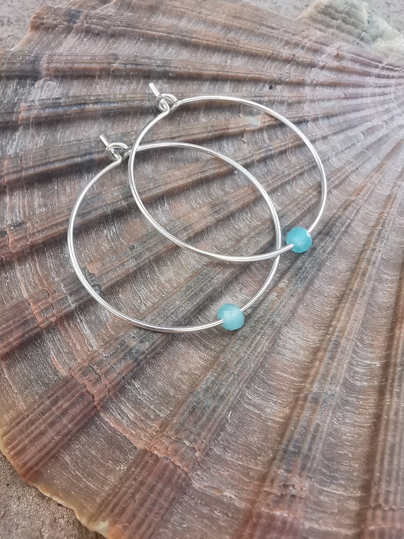 Amazonite hoop earrings silver, earrings with a small amazonite gemstone, handmade jewelry