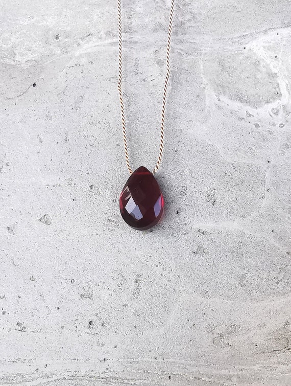 simple necklace with garnet pendant, silk necklace with red garnet, gemstone drops, gemstone necklace, gift for her