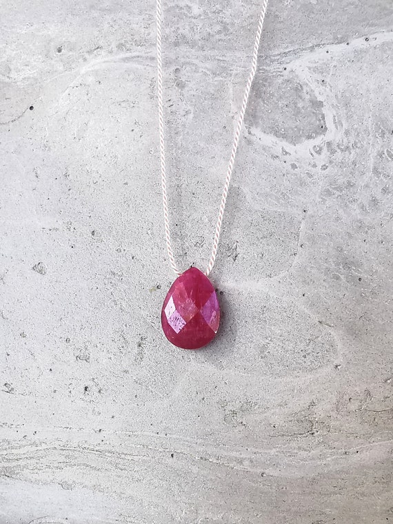 Delicate necklace with faceted ruby pendant in drop shape, gift for her, handmade jewelry, ruby pendant