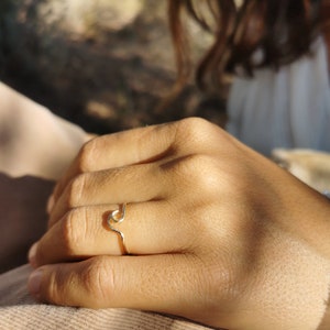 May include: A gold ring with a wave design. The ring is worn on a person's finger.