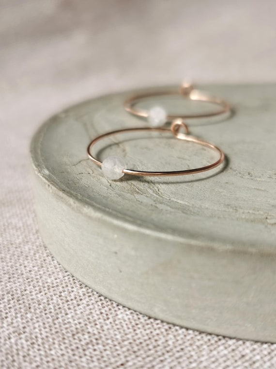 delicate hoop earrings with moonstone, moonstone jewelry, June birthstone, rose gold hoop earrings, pink gemstone, gift for girlfriend