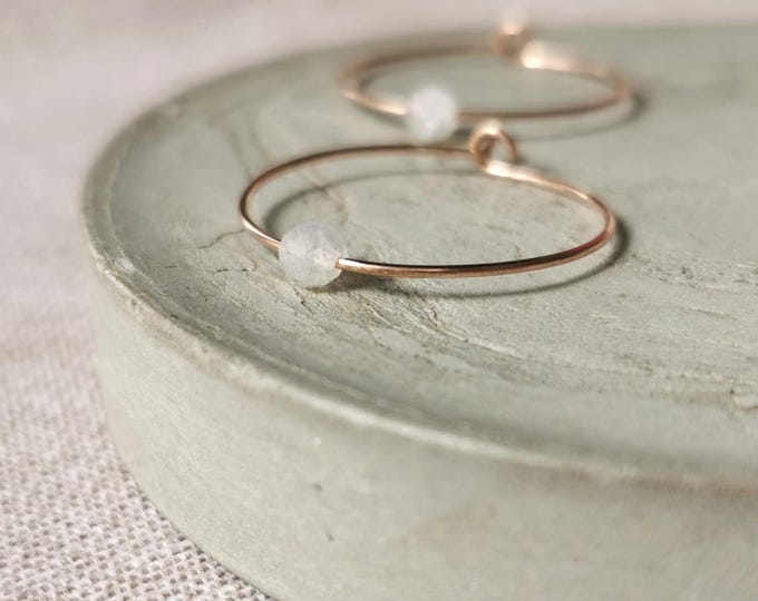 Delicate hoop earrings with moonstone, moonstone jewelry, June birthstone, rose gold hoop earrings, pink gemstone, gift for girlfriend