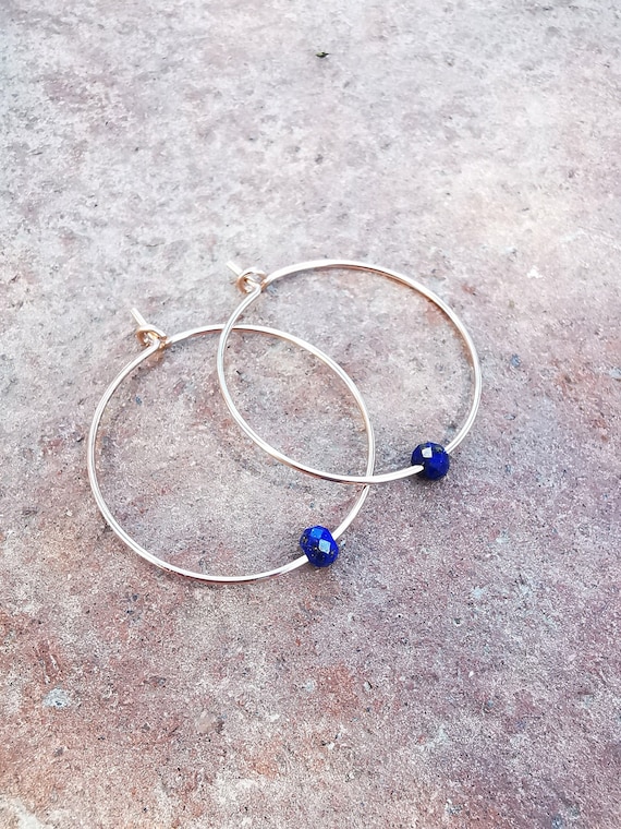 minimalist earrings with lapis stone, lapis lazuli jewelry, silver hoop earrings, handmade earrings, everyday jewelry