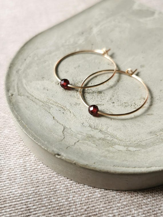 fine hoop earrings with red garnet gemstone, birthstone January, small gift for Valentine's Day