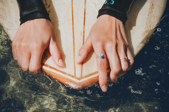 Surfer jewelry, silver ring with amazonite, delicate stacking rings with stone, waterproof