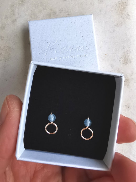 Kyanite stud earrings, delicate circle earrings gold with gemstone, handmade jewelry, fine jewelry