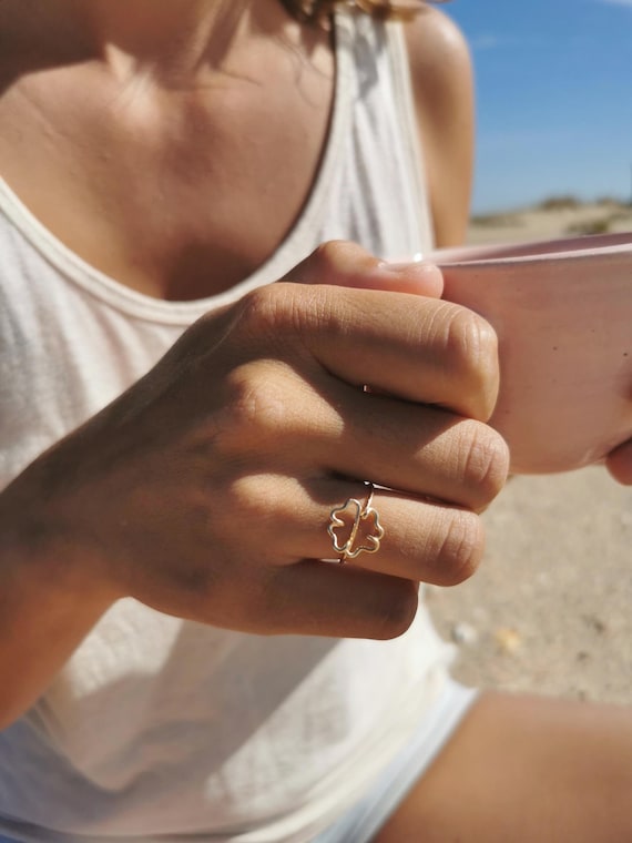 Gold Filled Ring with Lucky Clover Design, Adjustable and Dainty Jewelry
