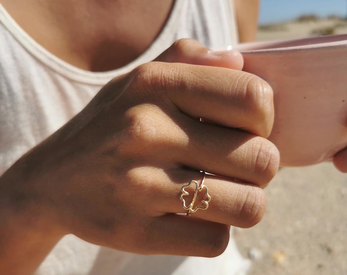 Gold Filled Ring with Lucky Clover Design, Adjustable and Dainty Jewelry