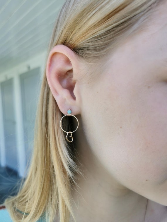 delicate girls earrings with heart - the circle stud earrings made of sterling silver with small amazonite and heart pendant, summer jewelry