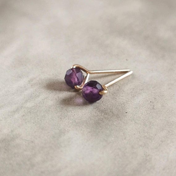Amethyst stud earrings with natural gemstone - minimalist earrings in violet