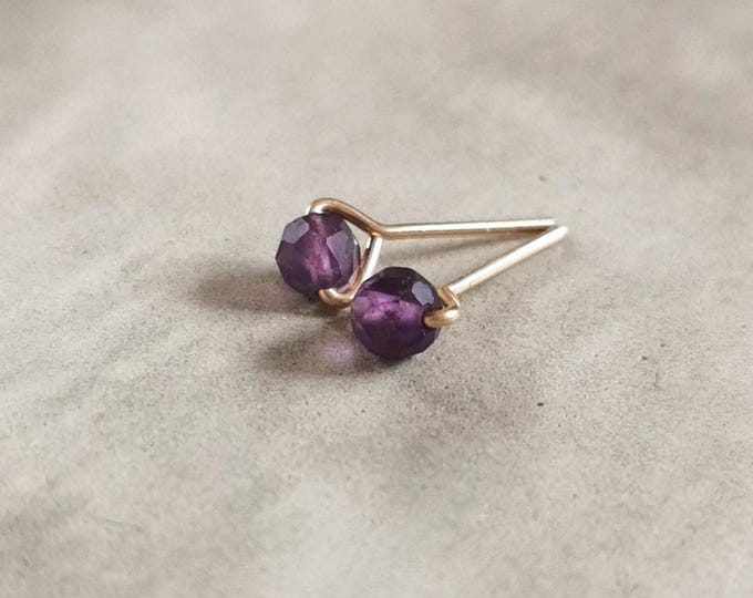 Amethyst stud earrings with natural gemstone - minimalist earrings in violet