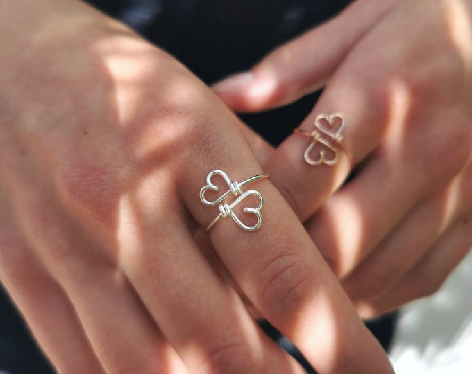Delicate friendship ring with two hearts for your best friend, unique jewelry, heart ring, fine jewelry