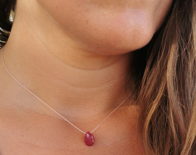 Ruby necklace | Red gemstone pendant | Delicate thread necklace | Minimalist jewelry | Gift for her
