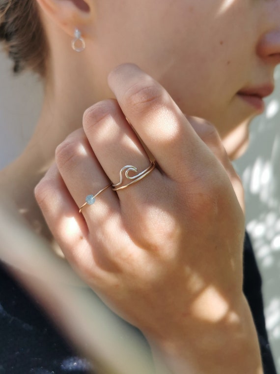 handmade ring set, kyanite and wave ring, delicate jewelry mix of gold filled and sterling silver, fine rings