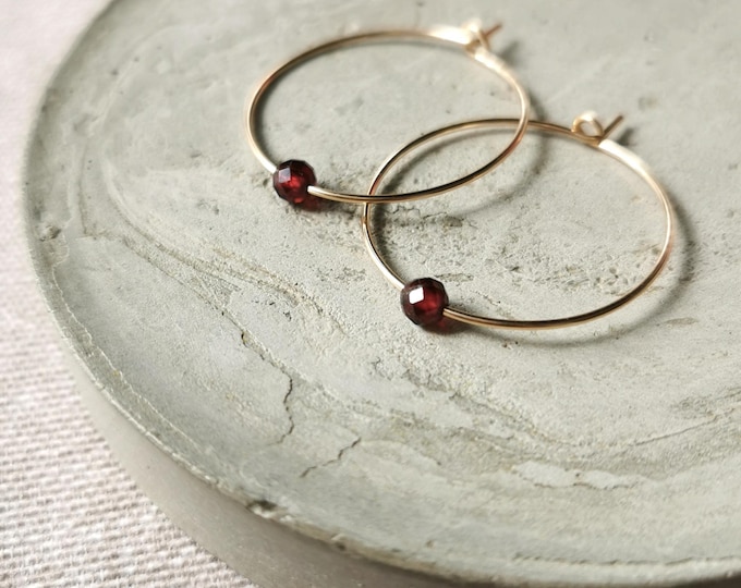 Garnet hoop earrings, garnet earrings with gemstone, handmade hoop earrings, filigree earrings, gold-filled jewelry, birthstone