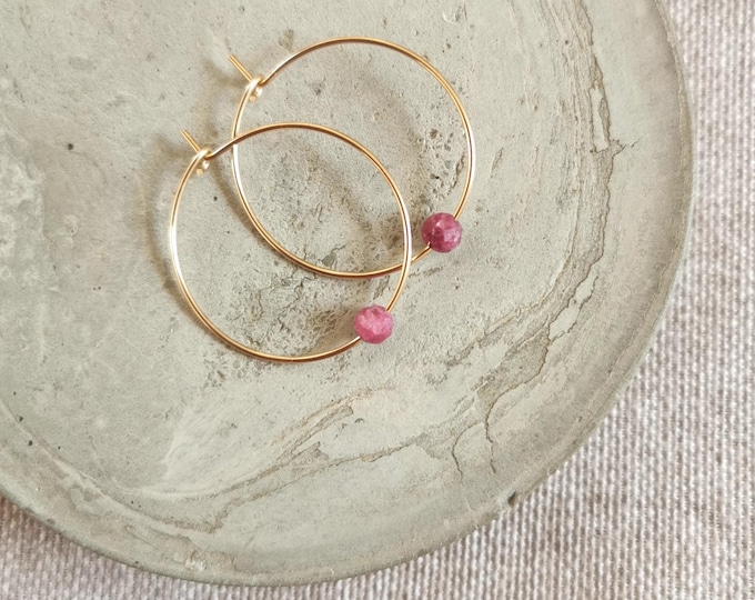 Hoop earrings with ruby - radiant rose gold filled earrings - handmade and a special gift idea for her | KIZZU
