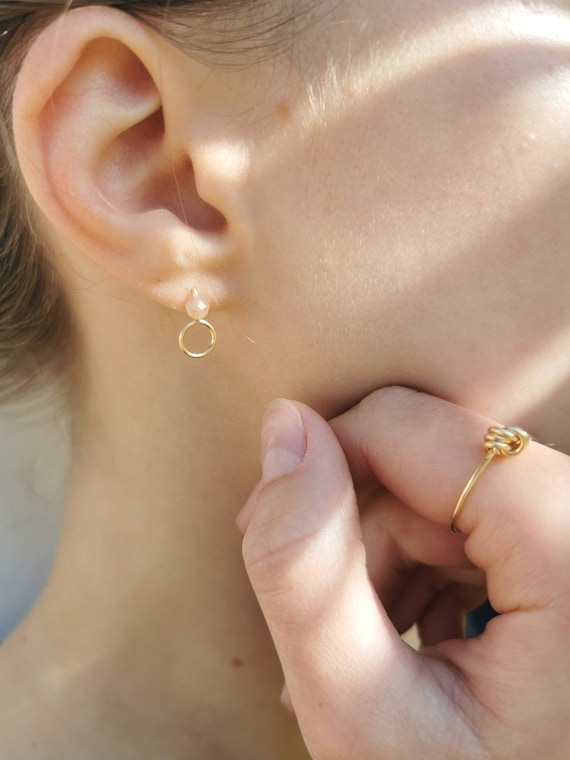 Moonstone earrings gold filled, moonstone stud earrings with circle, handmade jewelry, small Christmas gift, gift for her