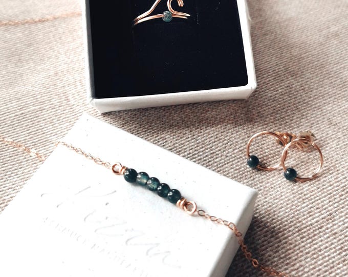 Rose gold jewelry set with green kyanite necklace, ring, and earrings – elegant accessories, gift for her I KIZZU