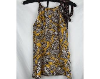 Trina Turk Silk Halter Top M Yellow Brown Paisley Geometric Floral Y2K Blouse