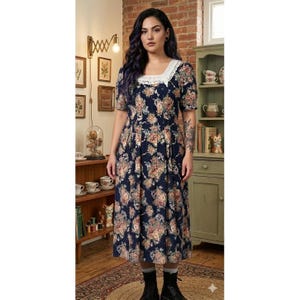 80 90s dress Vintage 80s/90s Rose Print Cotton Dress M/l By Jessica Mcclintock Bridal