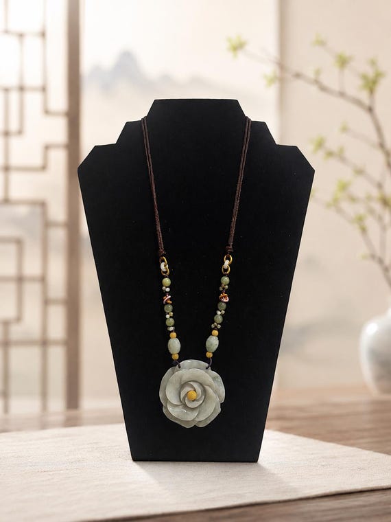 Vintage Jade Flower Necklace | Handcrafted Jade Pendant | Carved Flower Statement Necklace | Chinese Artisan Jewelry