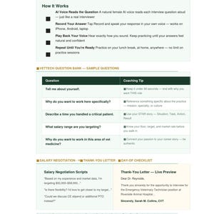 Può includere: Un documento VetTech Interview Kit che presenta una modalità di simulazione di colloquio con funzioni di voce IA, registrazione e riproduzione. Include una banca dati di domande con consigli, script di negoziazione salariale e una lista di controllo.