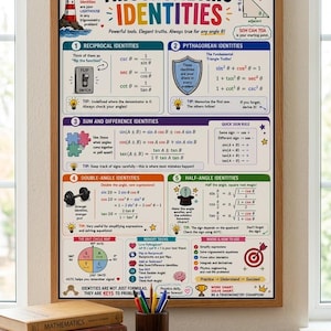 May include: A framed educational poster titled Trigonometric Identities featuring mathematical formulas, diagrams, and icons. The chart includes sections for reciprocal, Pythagorean, sum and difference, double-angle, and half-angle identities.