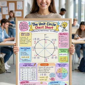 Könnte beinhalten: Ein gerahmtes Lernposter mit dem Titel The Unit Circle Cheat Sheet, das ein zentrales Einheitskreisdiagramm mit Koordinaten, trigonometrischen Identitäten, Quadrantenvorzeichen und gängigen Winkelwerten in einem farbenfrohen Layout zeigt.