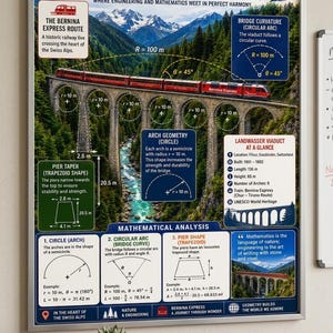 May include: A framed educational poster titled Wonders of Geometry Landwasser Viaduct Switzerland. It features a red train on a stone arch bridge, with diagrams explaining the bridge curvature, arch geometry, and pier taper using metric measurements.