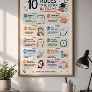 Könnte beinhalten: Ein gerahmtes Lehrplakat mit dem Titel 10 Rules To Be Better In Exams, das zehn nummerierte Tipps mit farbenfrohen Illustrationen wie Büchern, einem Gehirn, einer Uhr und einem Smartphone zeigt. Der Text enthält Ratschläge wie Plan Your Study.