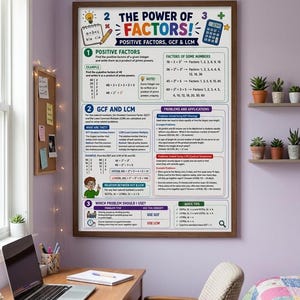 May include: A framed educational poster titled The Power of Factors, featuring sections on positive factors, GCF, and LCM. The white poster includes colorful text, mathematical examples, a lightbulb icon, a calculator, and a pencil illustration.