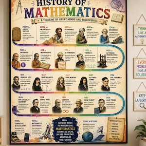 Zeitleistenposter zur Geschichte der Mathematik, berühmte Mathematiker/Entdeckungen, Pädagogisches STEM-Wandbild (Digitaler Download)