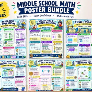Puede incluir: Un conjunto de seis pósteres educativos titulado Middle School Math Poster Bundle, que presenta ilustraciones coloridas y texto sobre temas como operaciones, fracciones, área, volumen, valor posicional y planos cartesianos para estudiantes.