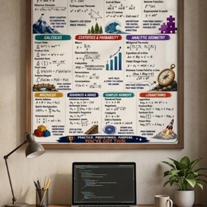 May include: A framed educational poster titled High School Math Formula Wall featuring sections for algebra, geometry, trigonometry, precalculus, calculus, statistics, probability, analytic geometry, matrices, sequences, complex numbers, and logarithms.
