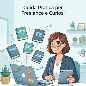 May include: Illustration of a woman with glasses at a desk with a laptop and tablet. The image includes text in Italian: "LA CONTABILITÀ SPIEGATA SEMPLICE" and "Guida Pratica per Freelance e Curiosi."