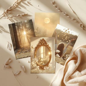 Pode incluir: Uma coleção de quatro impressões artísticas retangulares apresentando uma floresta com raios de sol, uma lua cheia num céu enevoado, um espelho oval dourado ornamentado rodeado por flores brancas e uma pessoa com braços erguidos entre pétalas.
