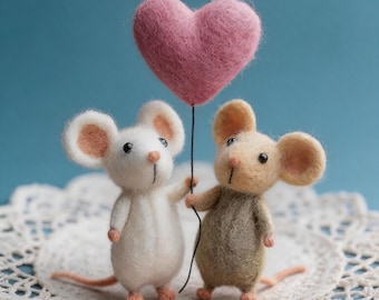 Handgemaakt Valentijnsmuisje van naaldvilt, romantisch muizenfiguurtje van wolvilt, schattige dierendecoratie voor op het bureau, kerstcadeau met liefde voor haar