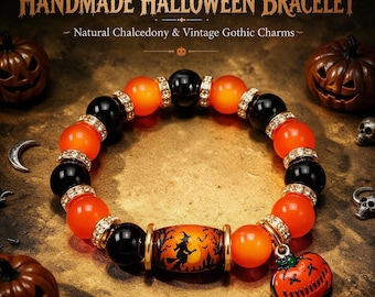 Halloweenarmband met natuurlijke edelstenen, handgemaakte armband met kristallen pompoenbedeltjes, gothic Halloweencadeau, spookheksensieraden, gothic armband met vleermuisbedeltjes