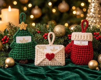 Handgemaakte gehaakte cadeaukaarthouder, kerstcadeaukaarttasje, gehaakte wanten voor de kerstboom, nieuwjaarscadeautje (3 stuks)