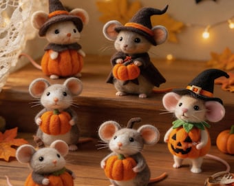 Handgemaakte Halloween-pompoenmuis van wolvilt met heksenhoed, schattige pompoenheks, vilten decoratie, herfstdecoratie voor in huis, Halloween-cadeau voor haar