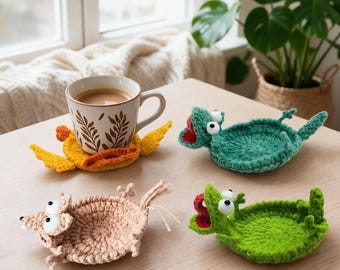 Grappige gehaakte onderzetter, handgemaakte onderzetter met dierenmotief, schattige hagedis onderzetter voor mok, originele bureaudecoratie, uniek cadeau voor haar, cadeau voor een collega, woondecoratie
