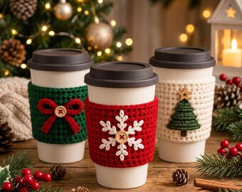 Handgemaakte gehaakte kerstbekerhoesjes set, 3 stuks schattige koffiemokhoesjes, feestelijke mokhoesjes, nieuwjaarscadeau, kerstdecoratie, winterse woondecoratie