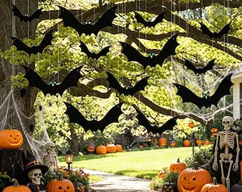 12 stuks hangende vleermuizen Halloween decoratie, glow-in-the-dark vleermuizen voor veranda, tuin, gazon of boom, griezelige vleermuizen buitendecoratie met oogstickers