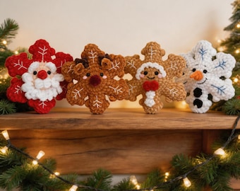 Handgemaakt gehaakt sneeuwvlokornament zonder naaien, gehaakte kerstboomhanger, kerstdecoratie met kerstman, sneeuwpop, rendier en peperkoekmannetje, feestdecoratie (1 stuk)