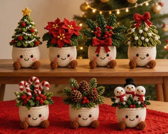 Handgemaakte gehaakte kerstbloempot, feestelijk cadeau, seizoensaccessoires, kerstcadeau voor haar, sneeuwpopdecoratie, bureaudecoratie