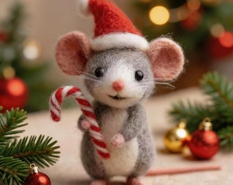 Handgemaakt kerstmuisje van naaldvilt, wollen vilten muisfiguurtje, kerstdecoratie, cadeautje voor in de kerstsok, cadeau voor muizenliefhebbers, woondecoratie
