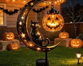 Zwarte kat maan Halloween tuinlamp op paal, pompoenlantaarn op zonne-energie, griezelige kattendecoratie, metalen tuindecoratie, cadeaus voor kattenliefhebbers